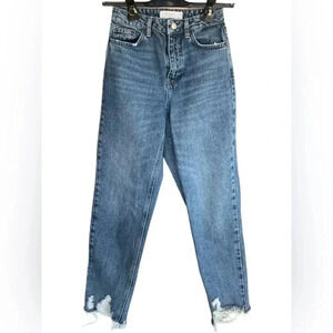 Topshop Women's High Rise Mom Cropped Ankle Jeans 25 Denim Distressed Hem